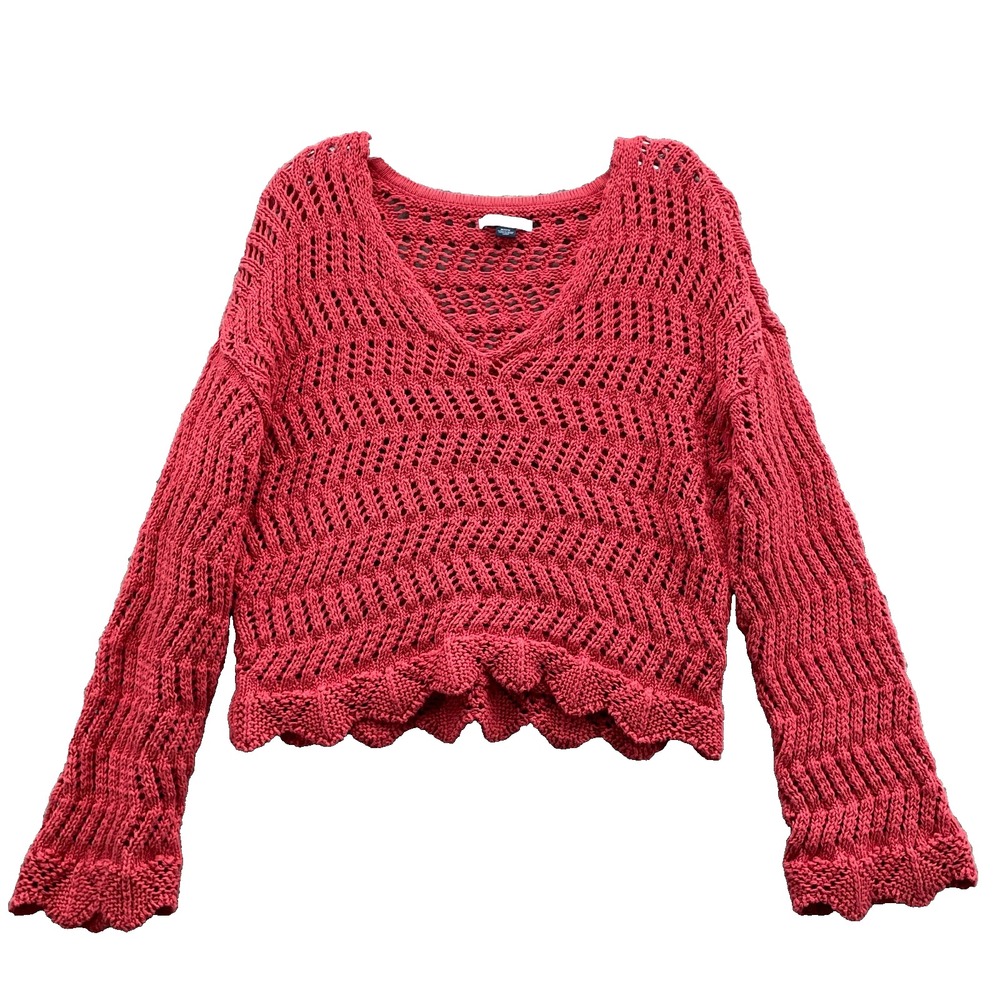 American Eagle Crochet Knit Sweater Top Women's Medium Boho Bell Sleeve 70s Fall